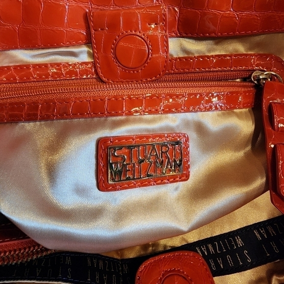 STUART WEITZMAN quilted tote with orange patent leather accents & gold hardware - Picture 7 of 16